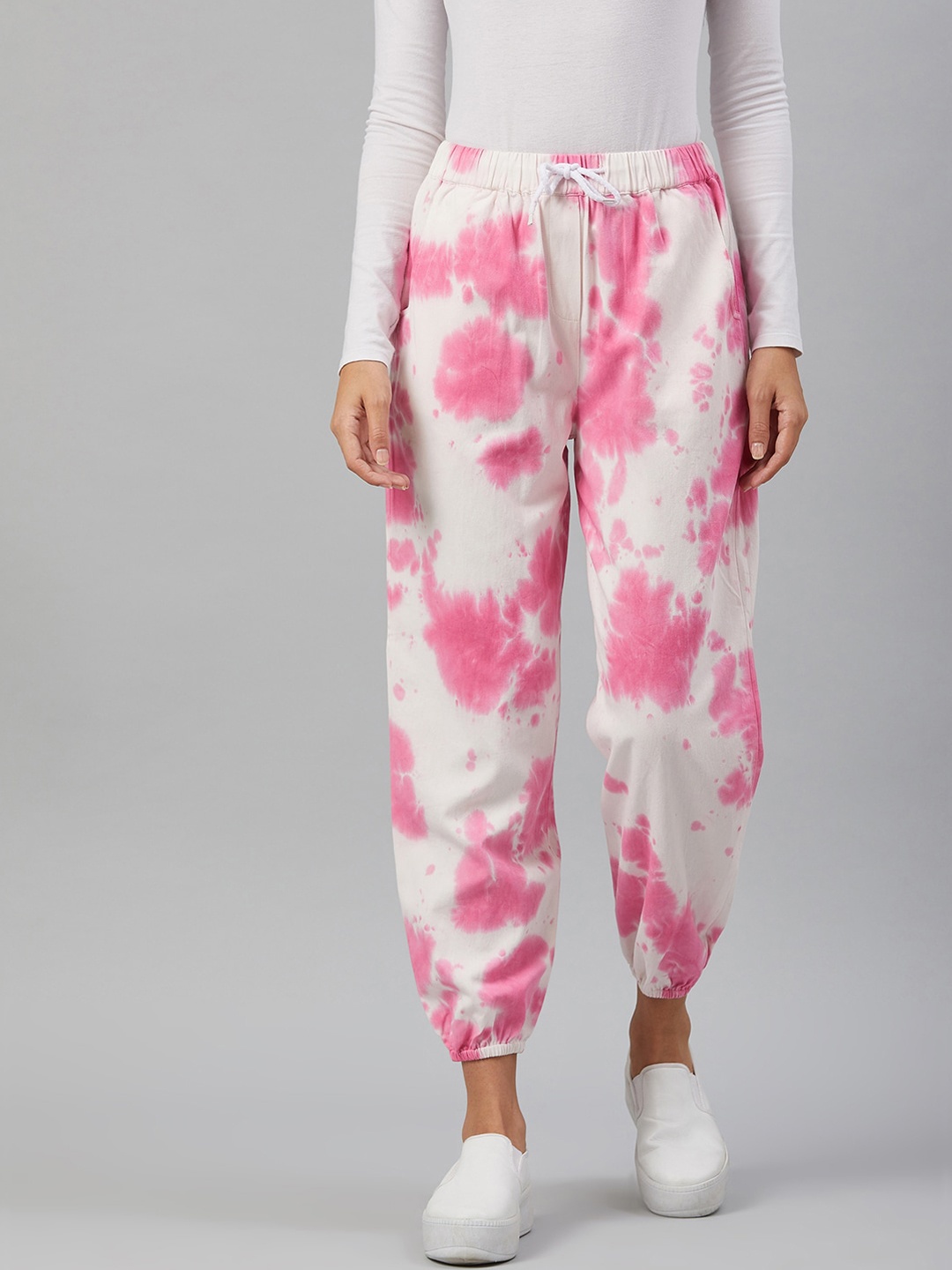 

Orchid Blues Women White Tie and Dye Printed High-Rise Joggers Trousers