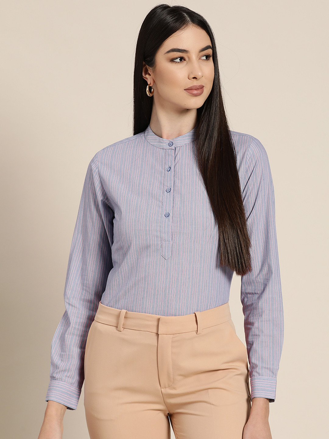 

Hancock Women Blue & Red Cotton Striped Slim Fit Shirt Style Formal Top