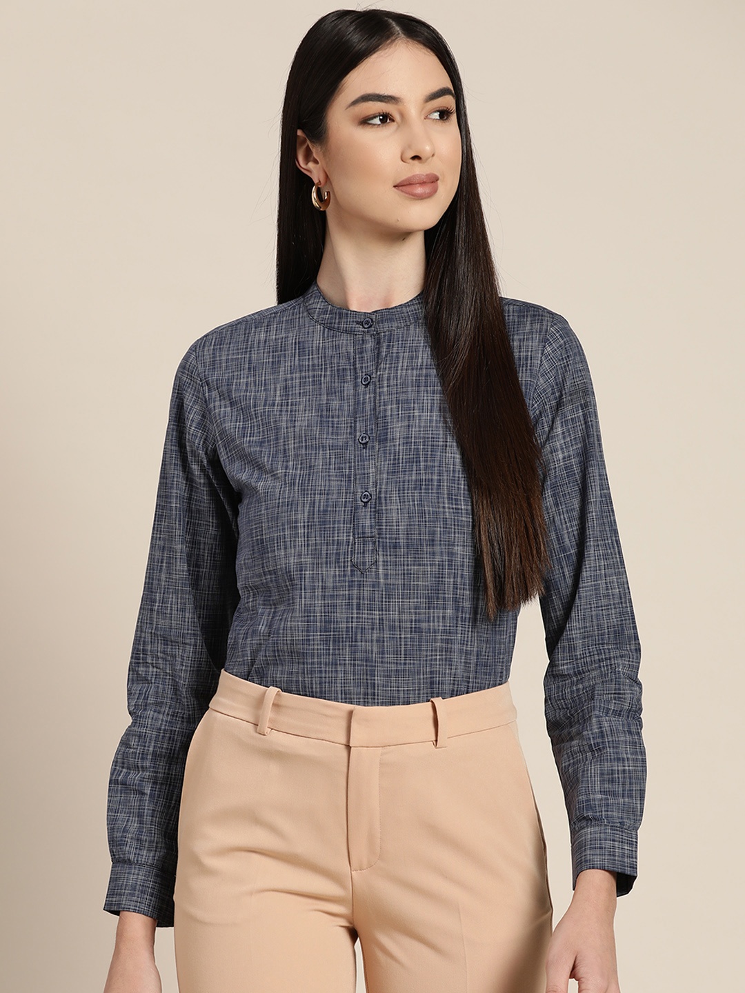 

Hancock Women Navy Blue & Beige Cotton Self-Design Slim Fit Shirt Style Formal Top