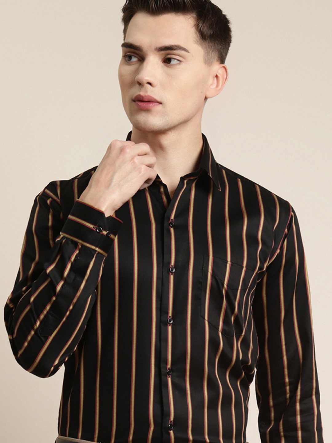

Hancock Men Black & Mustard Yellow Cotton Slim Fit Striped Formal Shirt