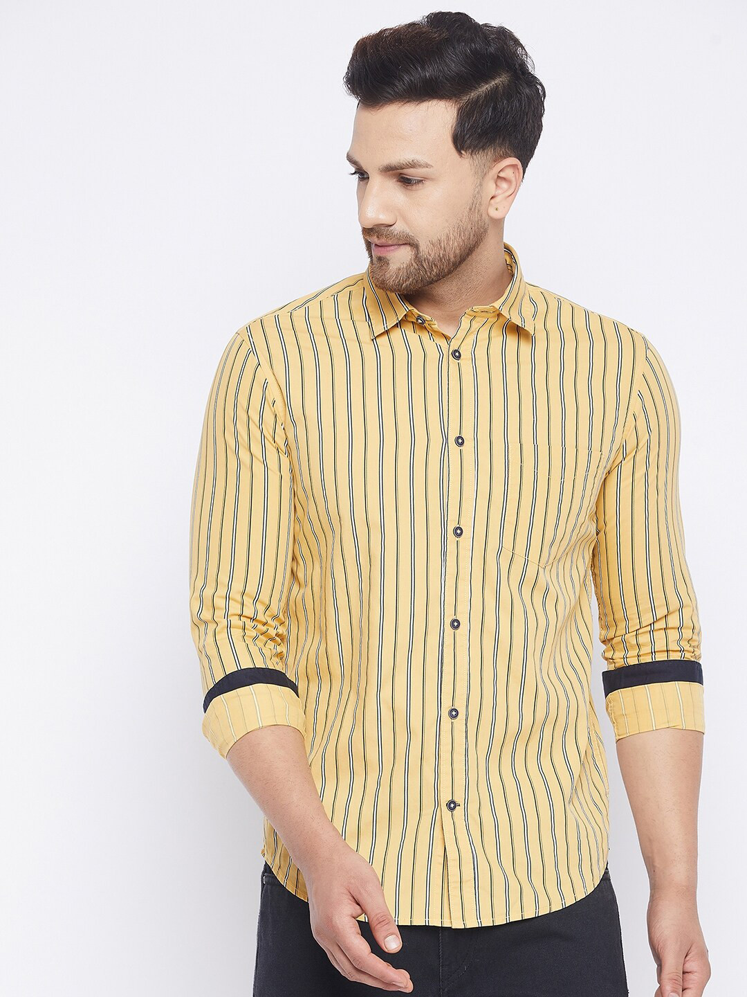 

Octave Men Mustard Opaque Striped Cotton Casual Shirt