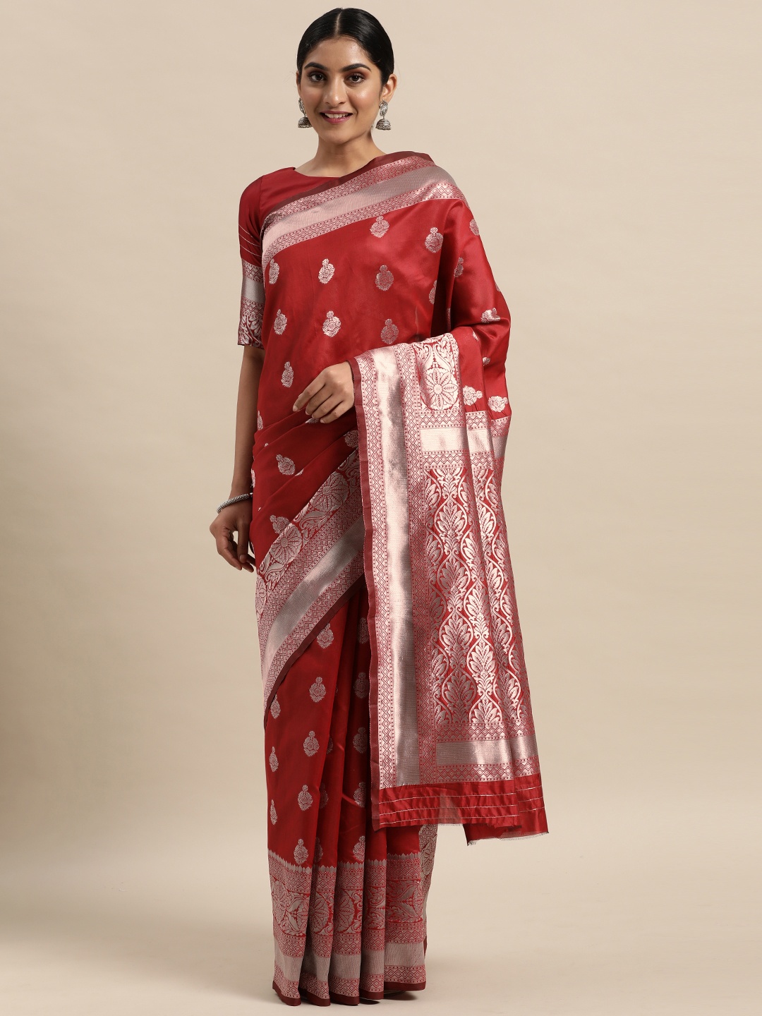 

Mitera Red Ethnic Motifs Zari Silk Blend Saree