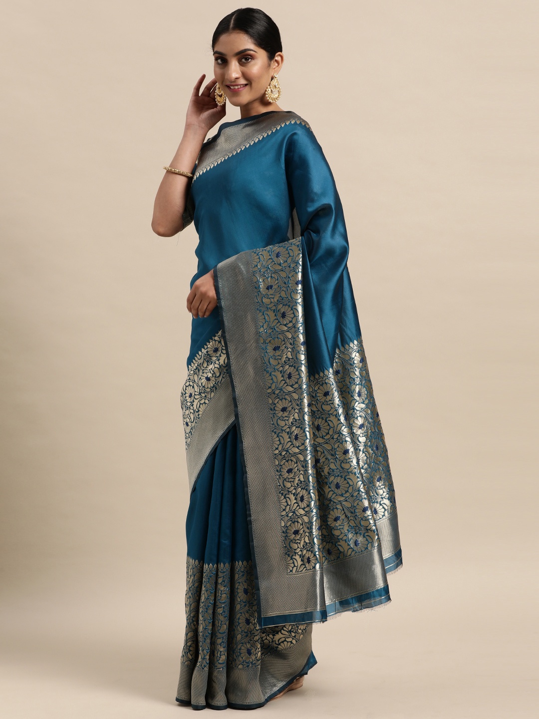 

Mitera Turquoise Blue & Silver-Toned Floral Zari Silk Blend Saree
