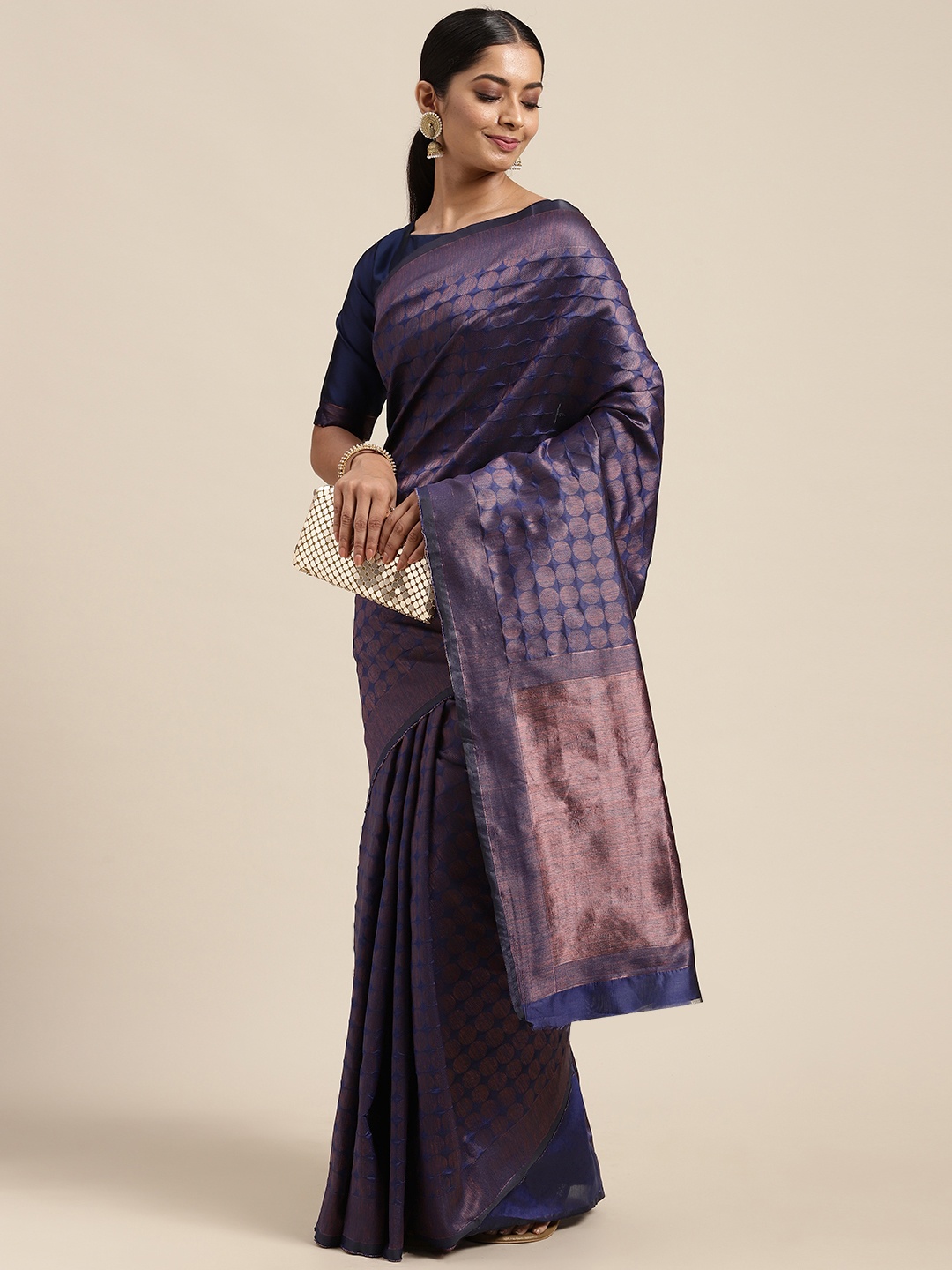 

Mitera Navy Blue Ethnic Motifs Silk Blend Saree