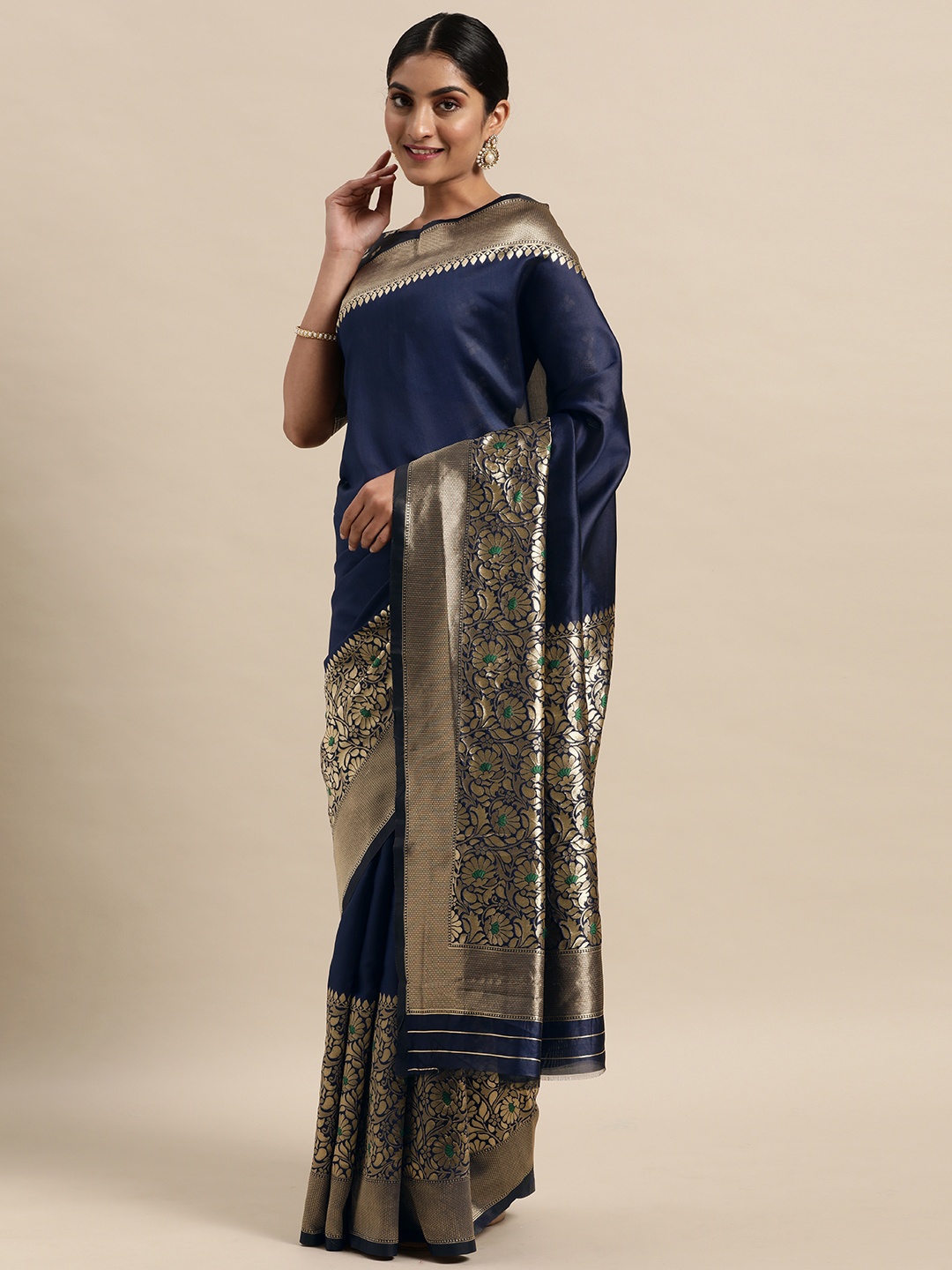 

Mitera Navy Blue Floral Zari Silk Blend Saree