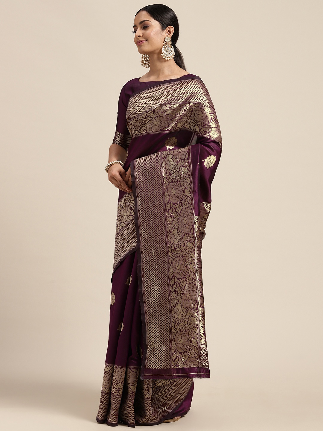 

Mitera Purple Floral Zari Silk Blend Saree