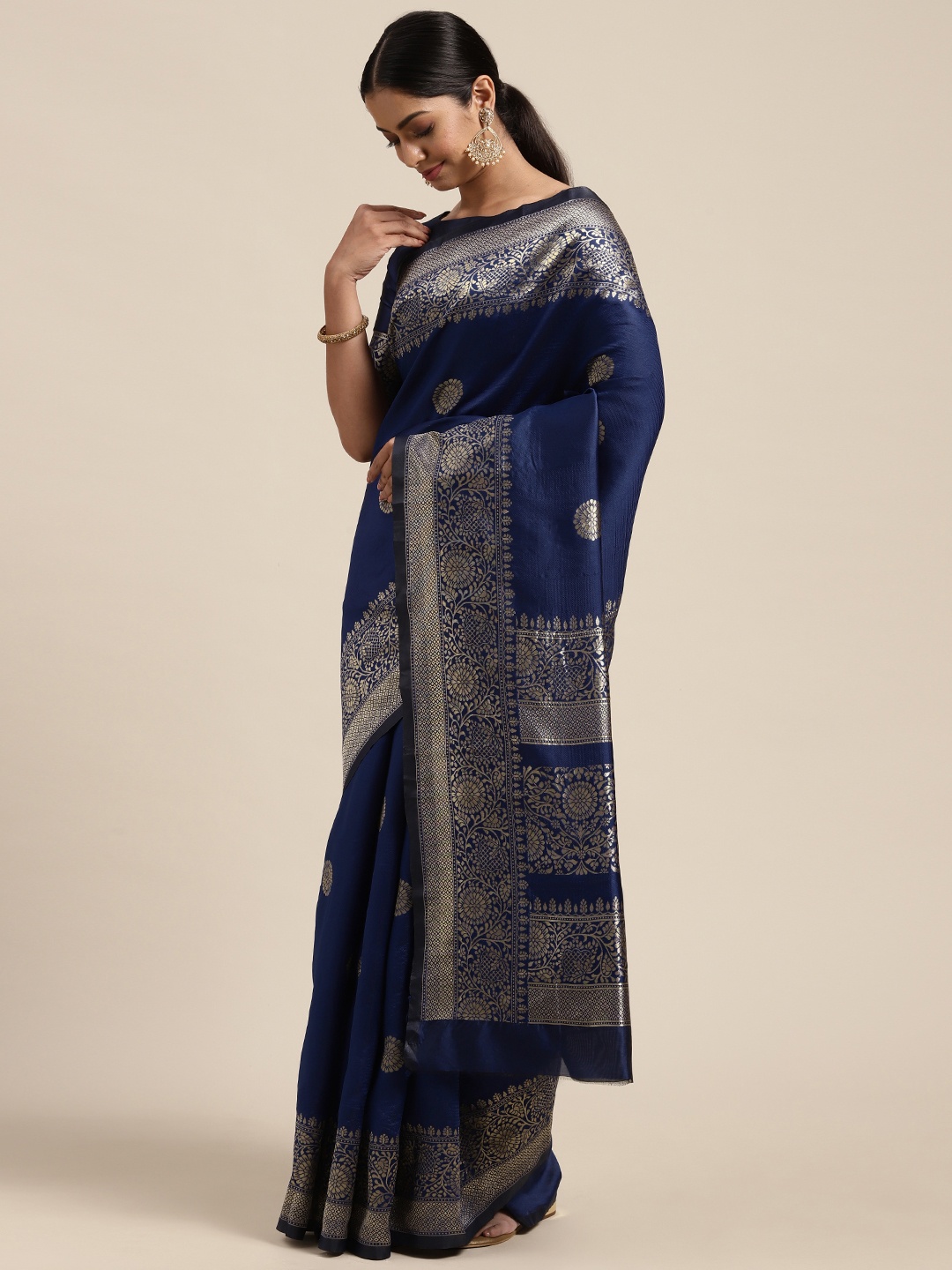 

Mitera Navy Blue Floral Zari Silk Blend Saree