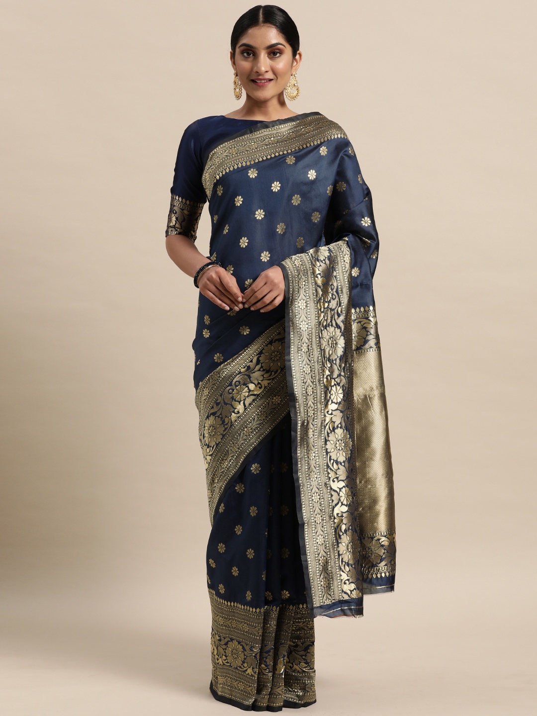 

Mitera Navy Blue & Silver-Toned Floral Zari Silk Blend Saree