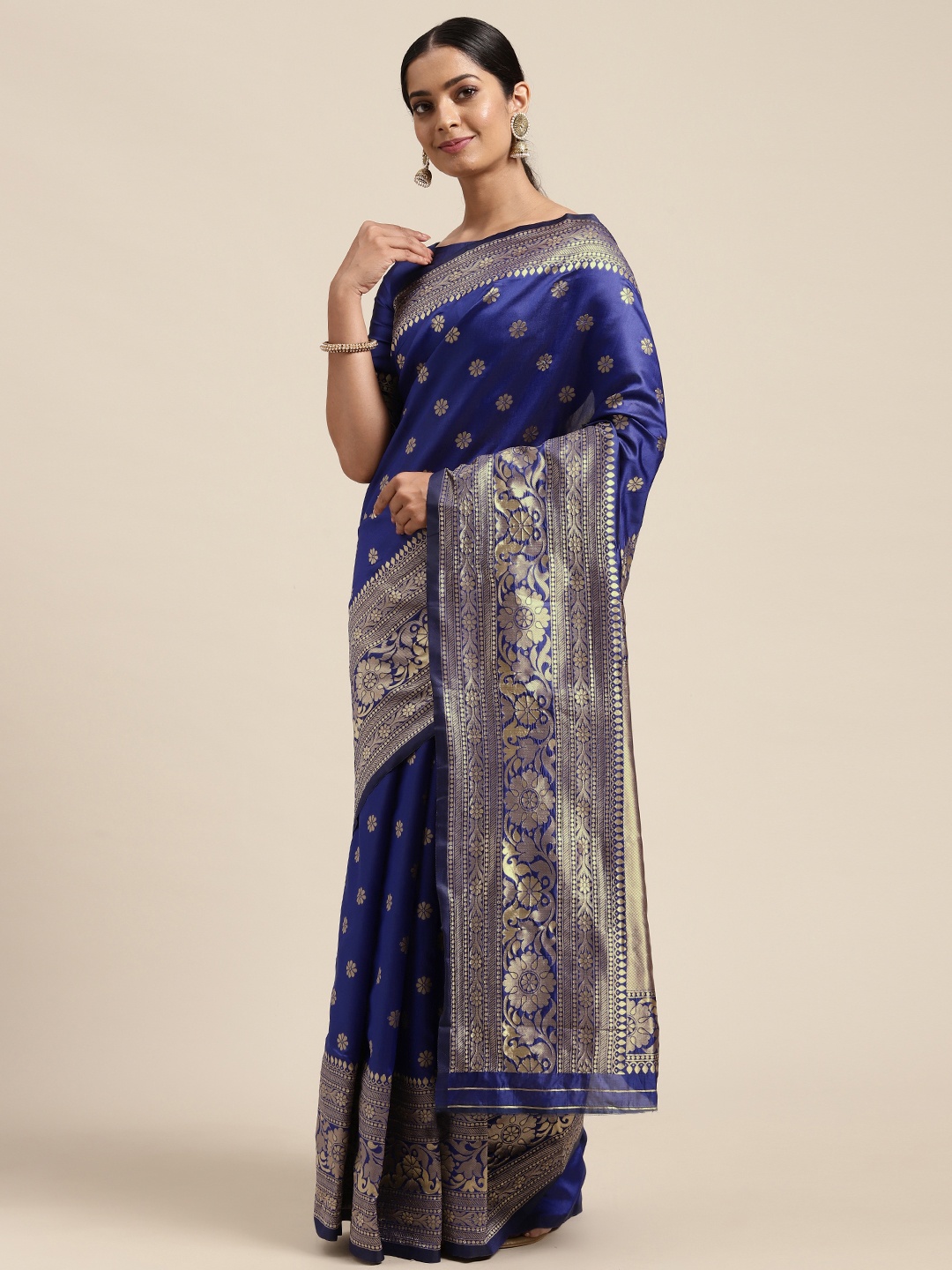 

Mitera Navy Blue & Silver-Toned Floral Zari Silk Blend Saree