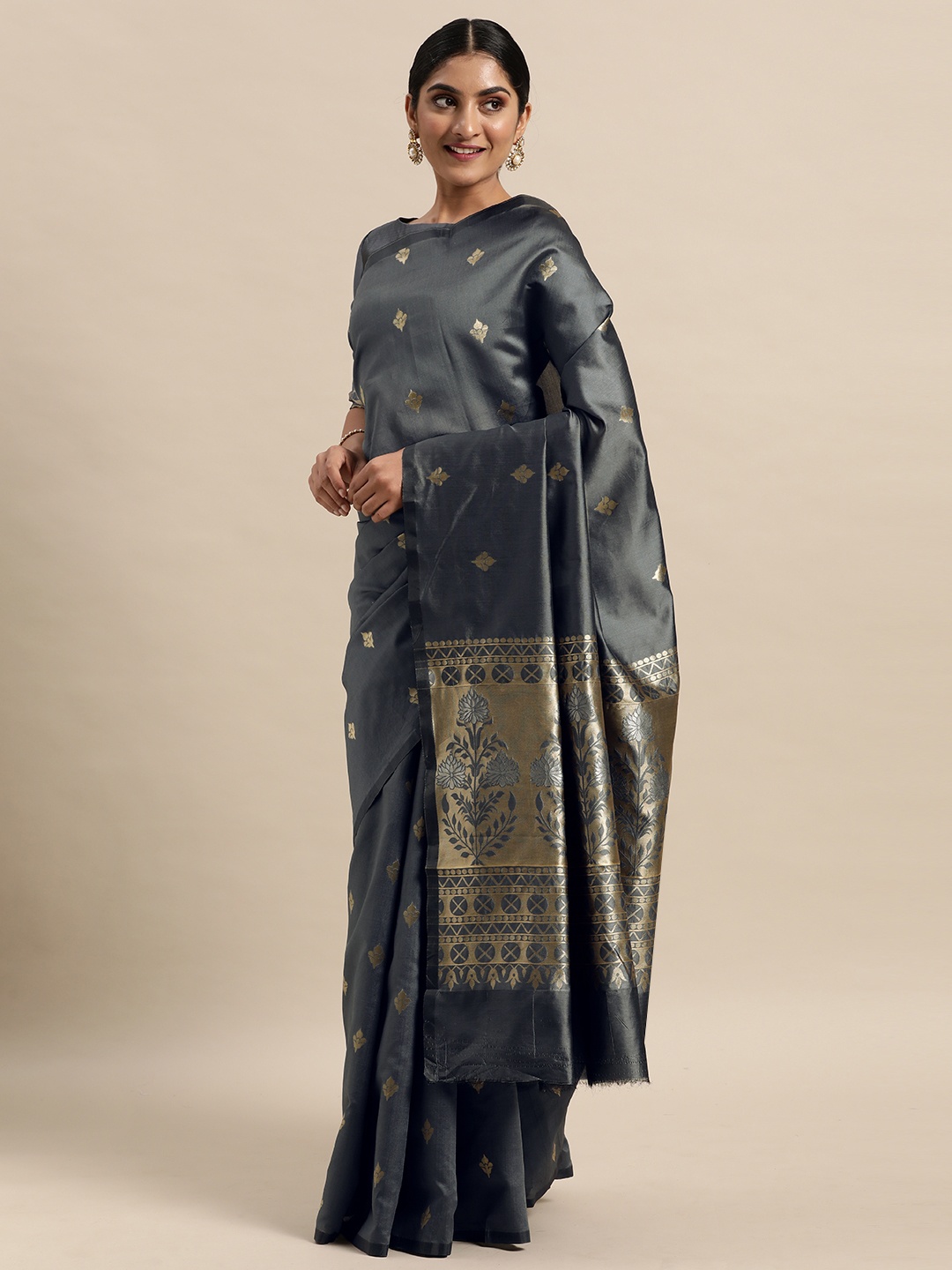 

Mitera Grey Ethnic Motifs Silk Blend Saree