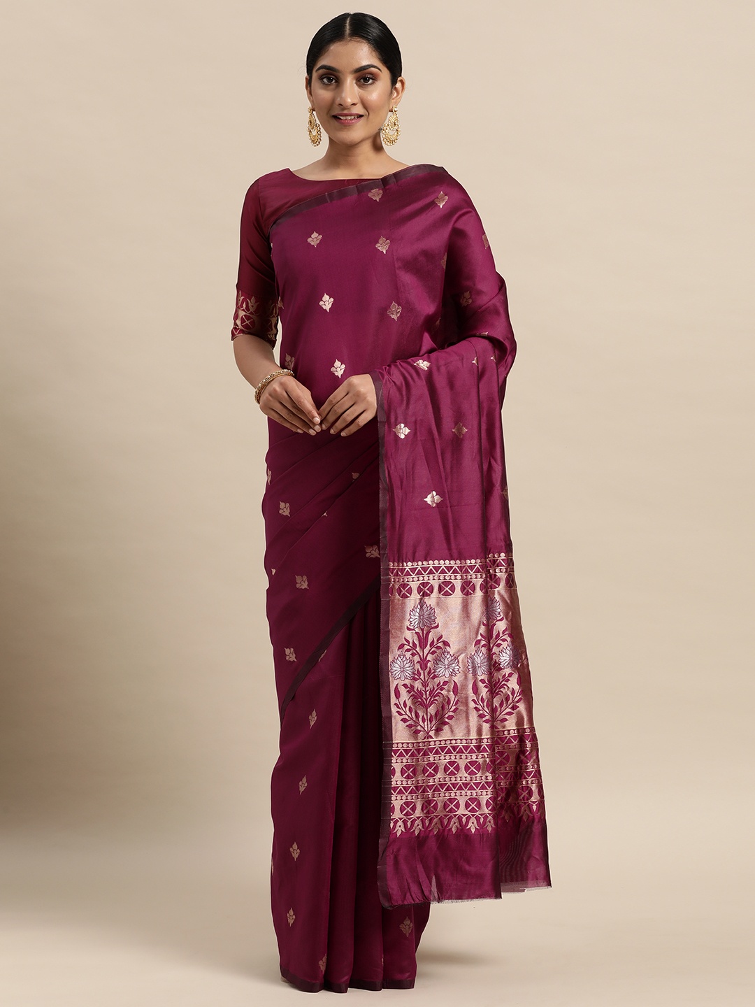 

Mitera Magenta & Silver-Toned Ethnic Motifs Silk Blend Saree