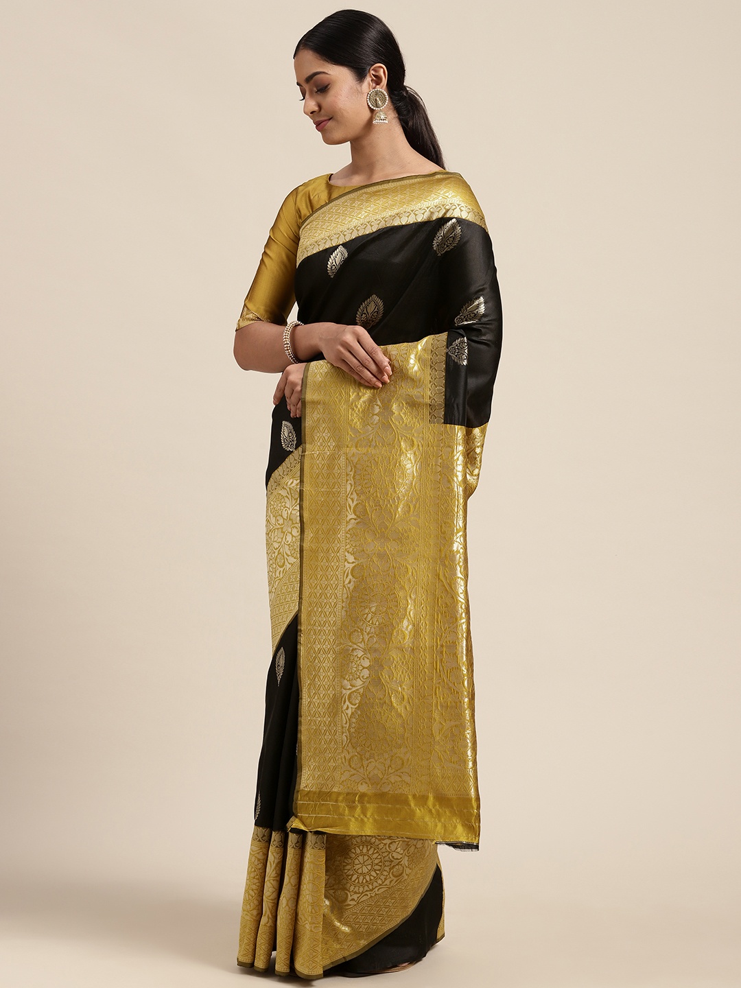 

Mitera Black & Mustard Ethnic Motifs Silk Blend Saree