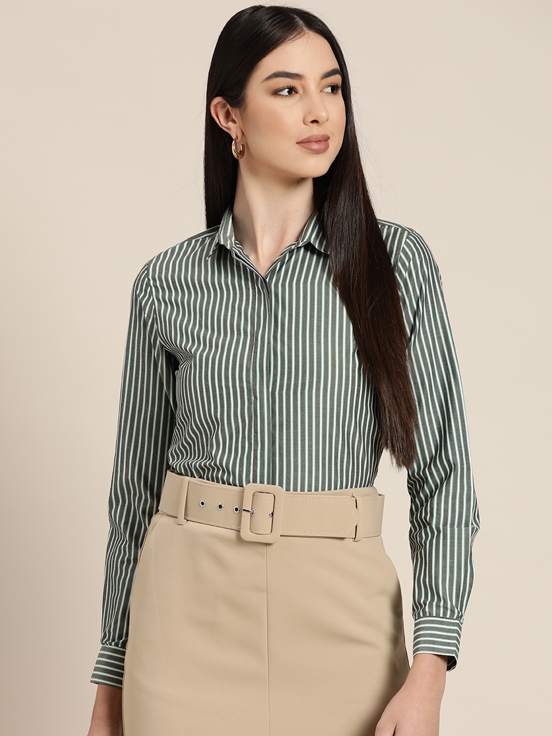 

Hancock Women Grey & Green Pure Cotton Slim Fit Striped Formal Shirt