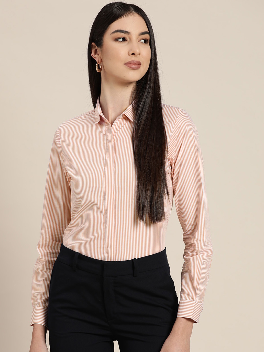 

Hancock Women Coral & White Pure Cotton Slim Fit Striped Formal Shirt