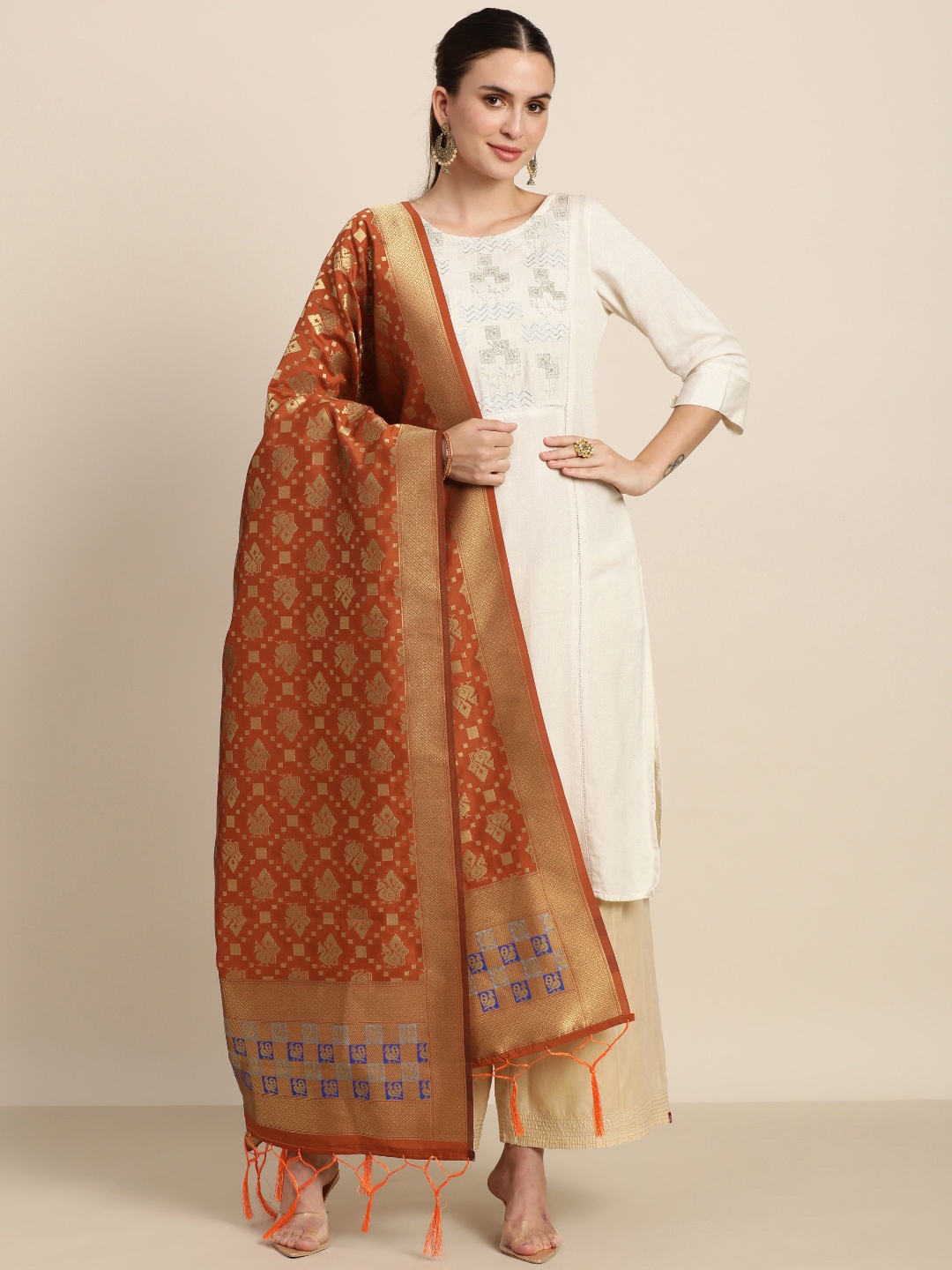 

MIMOSA Rust Paisley Woven Design Art Silk Dupatta with Zari