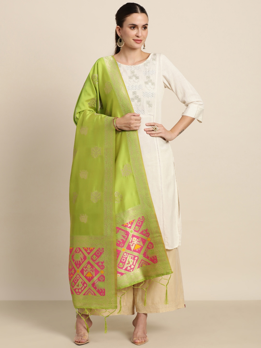 

MIMOSA Green Ethnic Motifs Woven Design Art Silk Dupatta with Zari