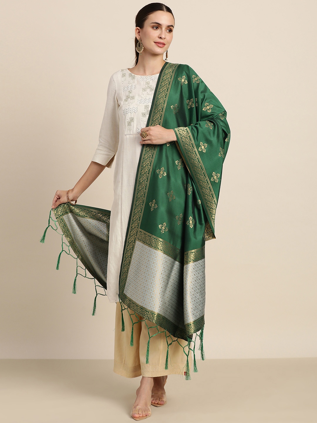 

MIMOSA Green & Grey Woven Design Art Silk Dupatta with Zari