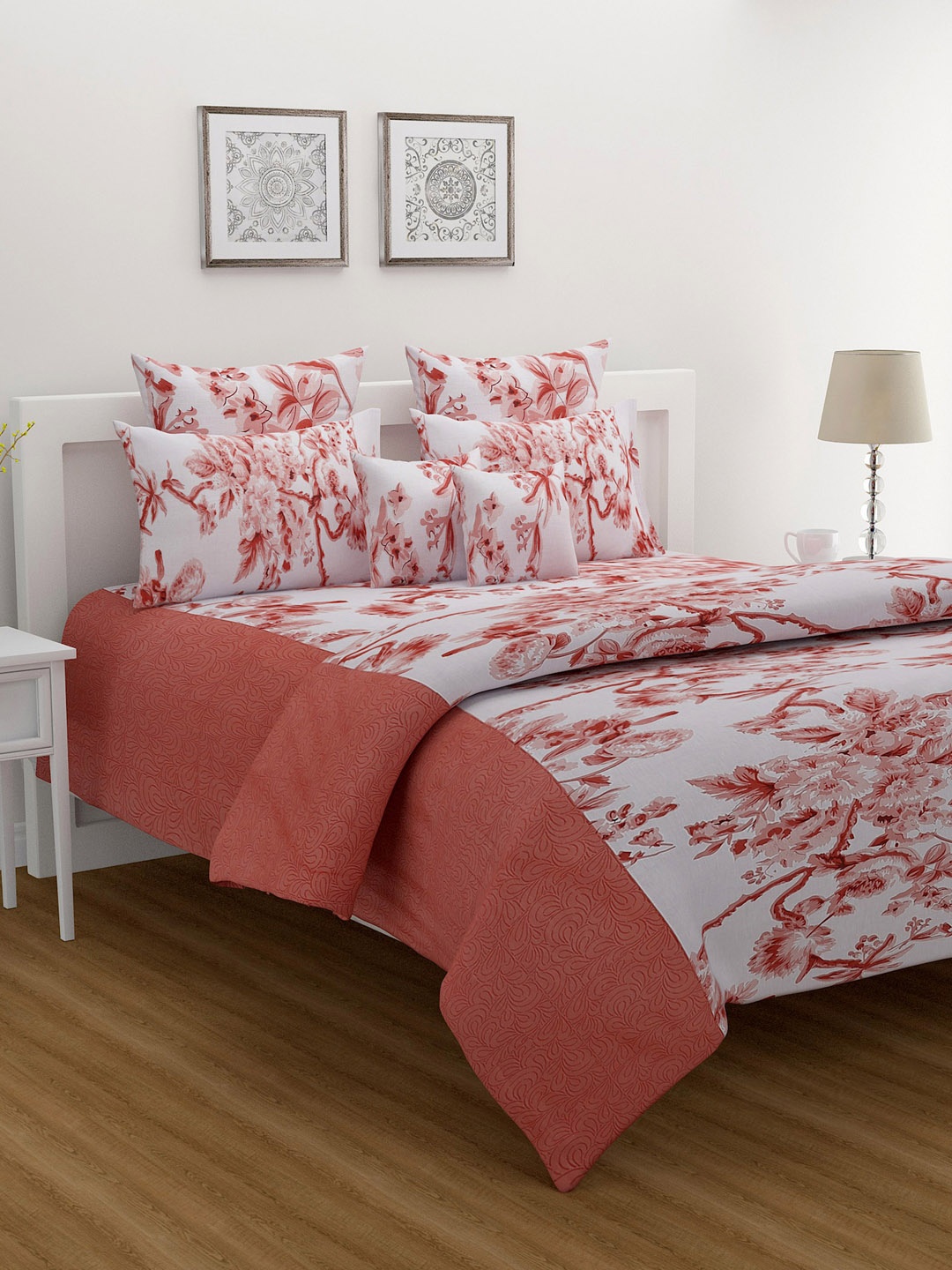 

SWAYAM Green Veda Floral Print 160 TC Cotton King Fitted Bedsheet Set, Coral