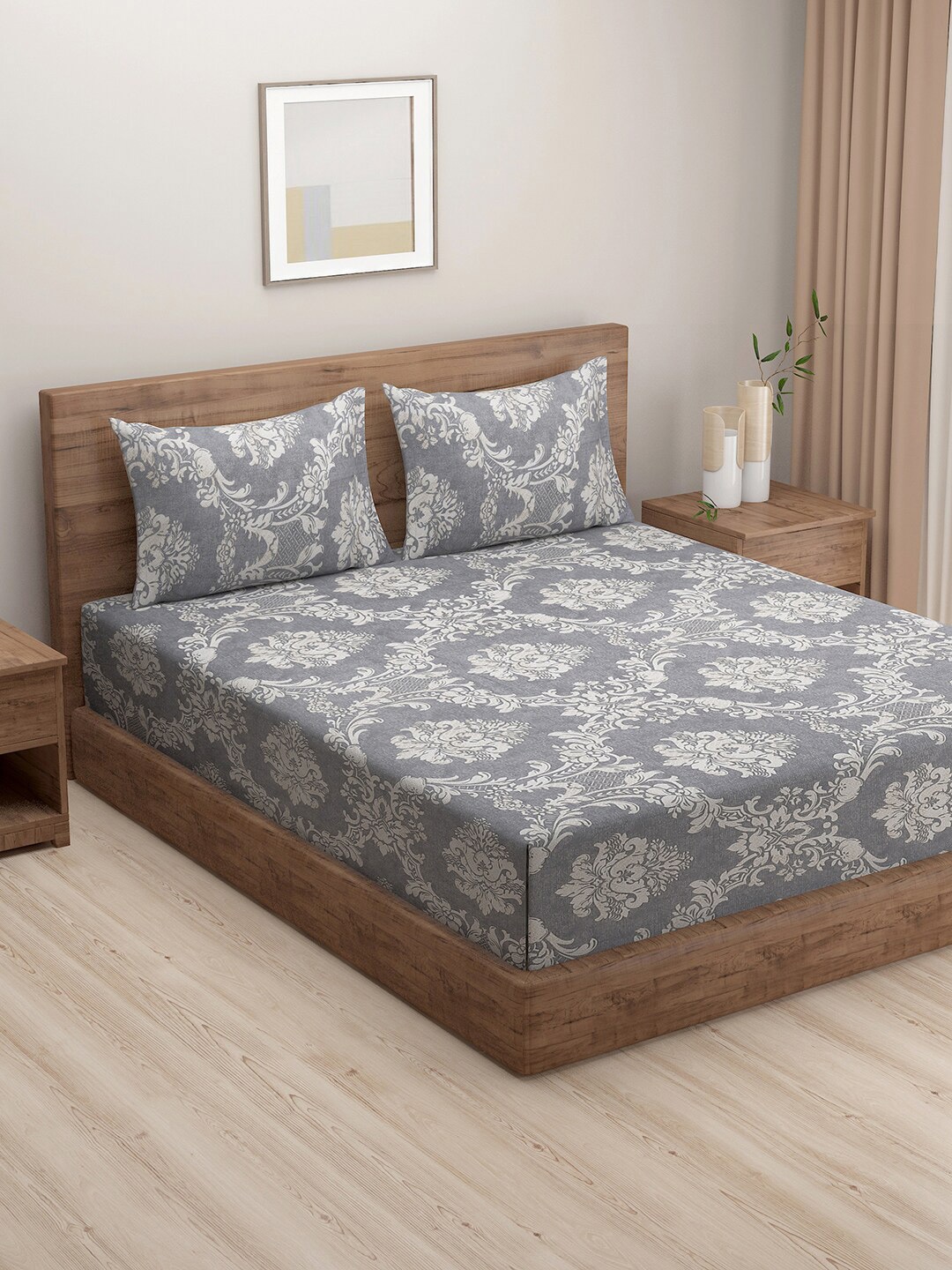 

SWAYAM Grey & Beige Ethnic Motifs 200 TC King Bedsheet with 2 Pillow Covers