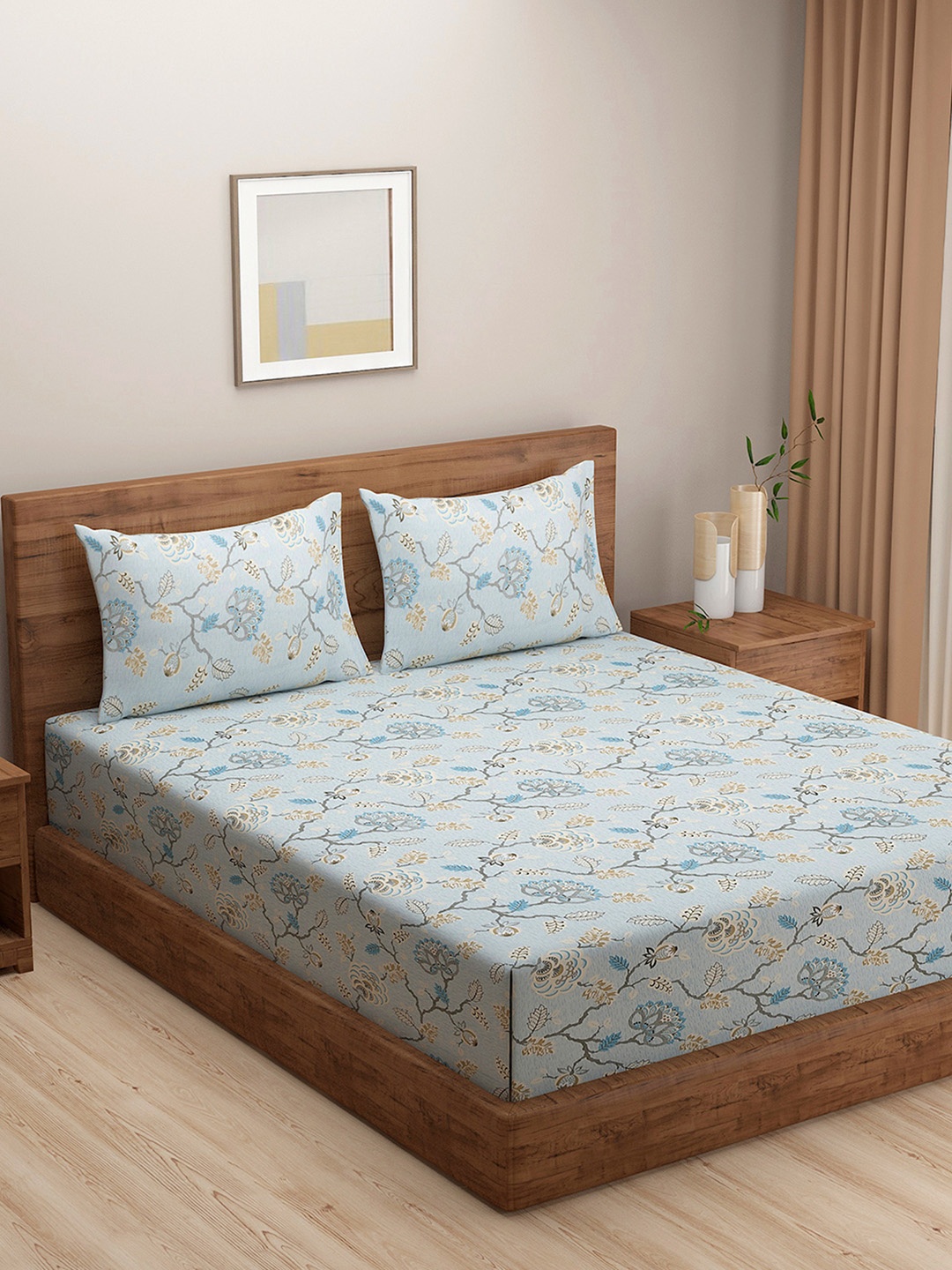 

SWAYAM Green Floral Print 210 TC Cotton Double Bedsheet Set, Blue