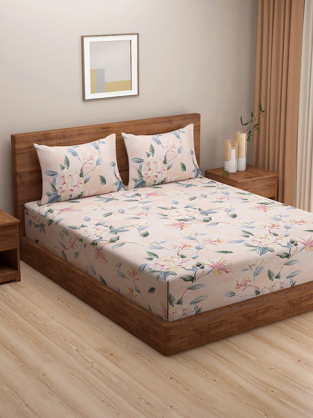 

SWAYAM Peach-Coloured & Green Floral 180 TC King Bedsheet with 2 Pillow Covers