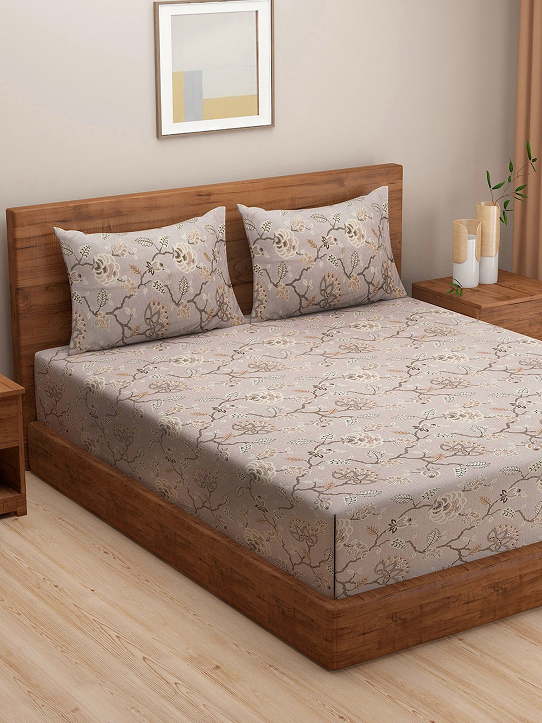 

Swayam Ananda 210TC Pure Cotton Floral Design King Bedsheet Set, Brown