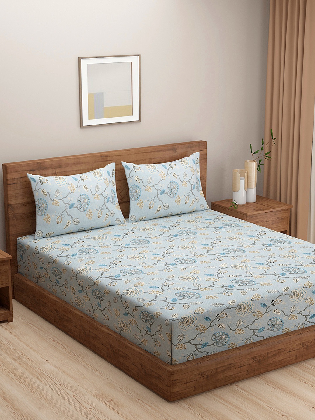

Swayam Sea Green Floral Ananda 210TC Pure Cotton King Fitted Bedsheet Set with Pillow, Blue
