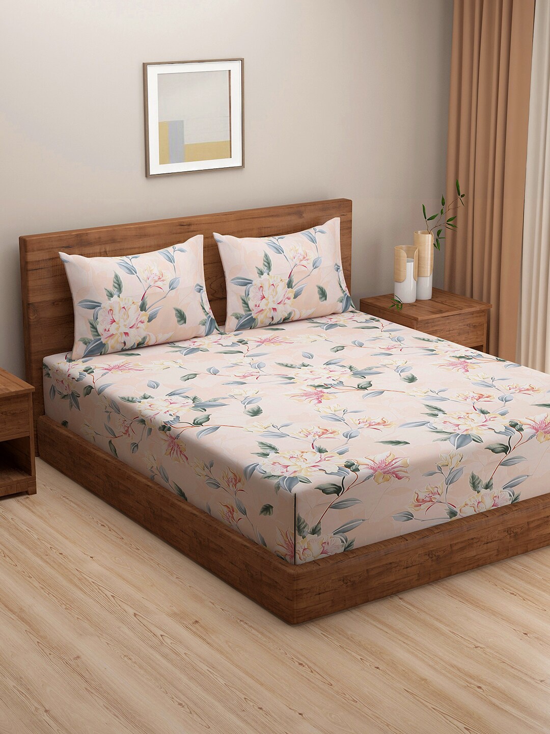 

SWAYAM Peach-Coloured & Pink Floral 180 TC King Bedsheet with 2 Pillow Covers