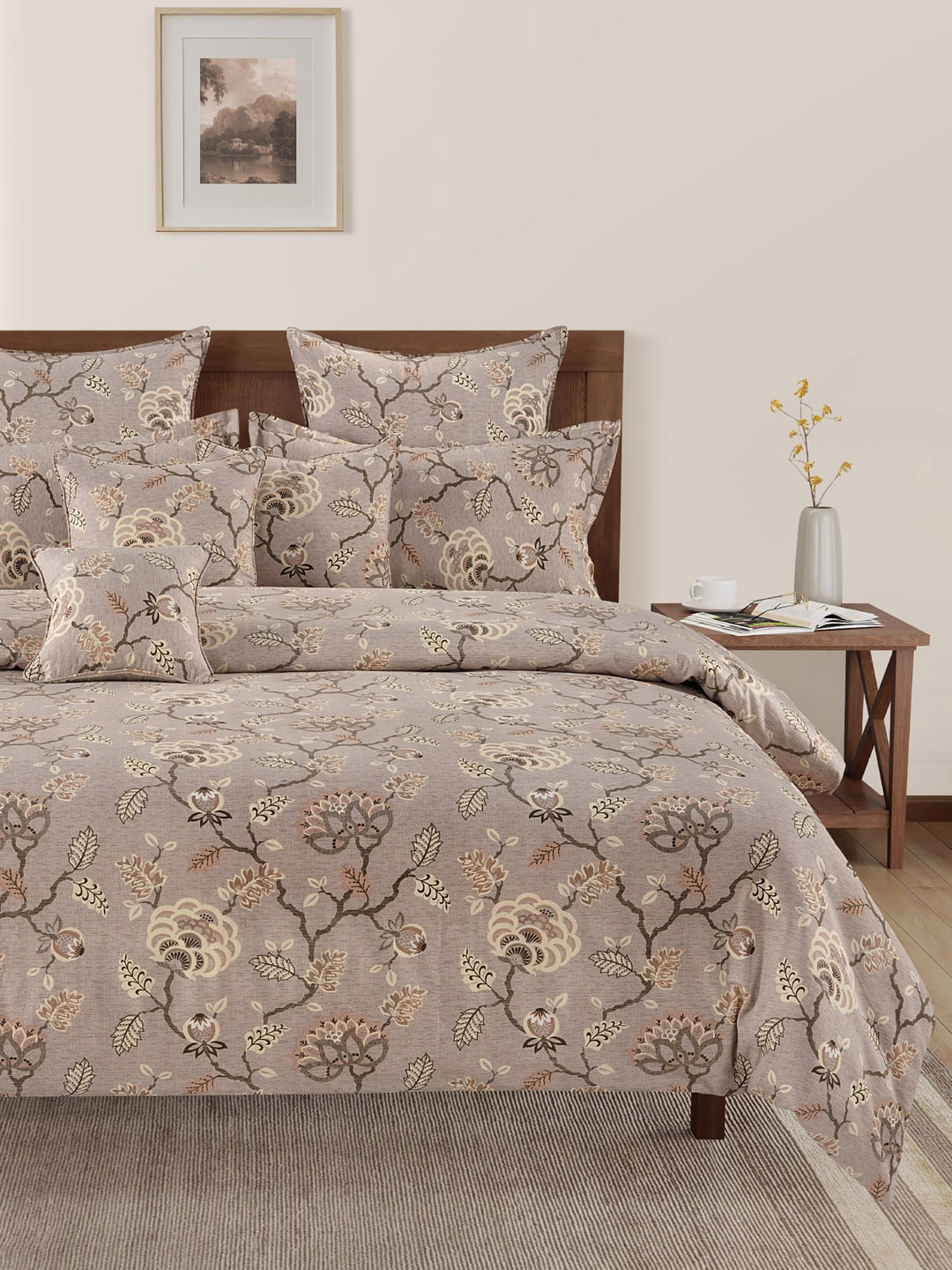 

SWAYAM Brown An&a Floral Print 210 TC Cotton King Fitted Bedsheet Set