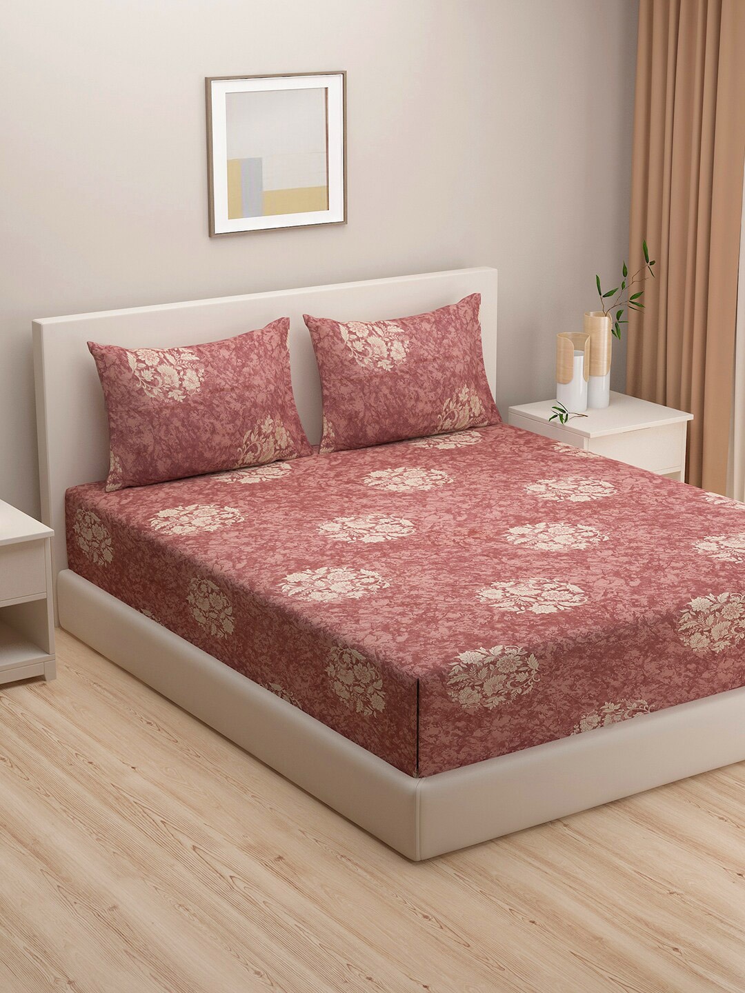 

SWAYAM Brown Floral 200 TC King Bedsheet with 2 Pillow Covers