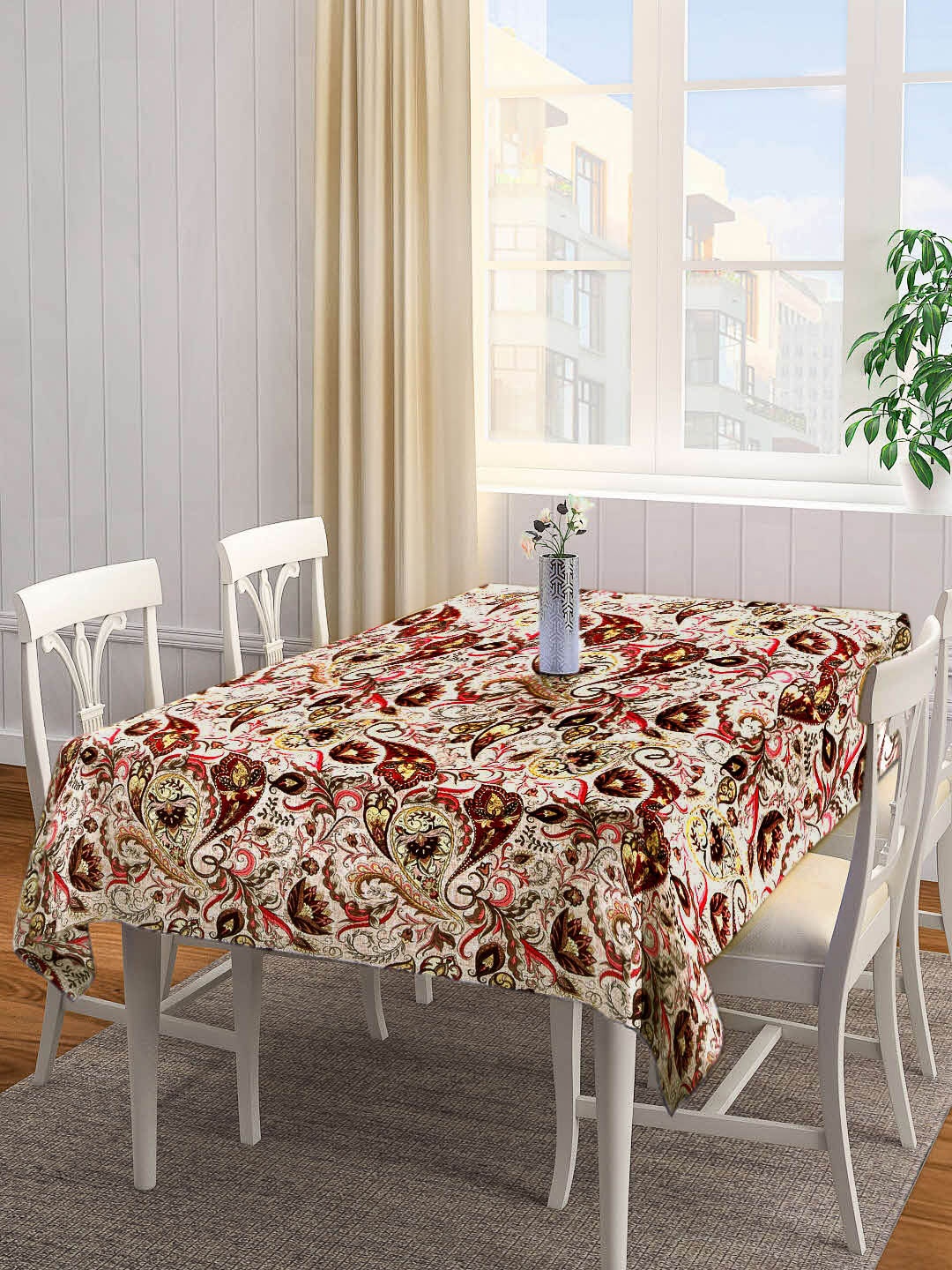 

Arrabi White & Brown Ethnic Motifs Printed 6 Seater Rectangular Table Cover