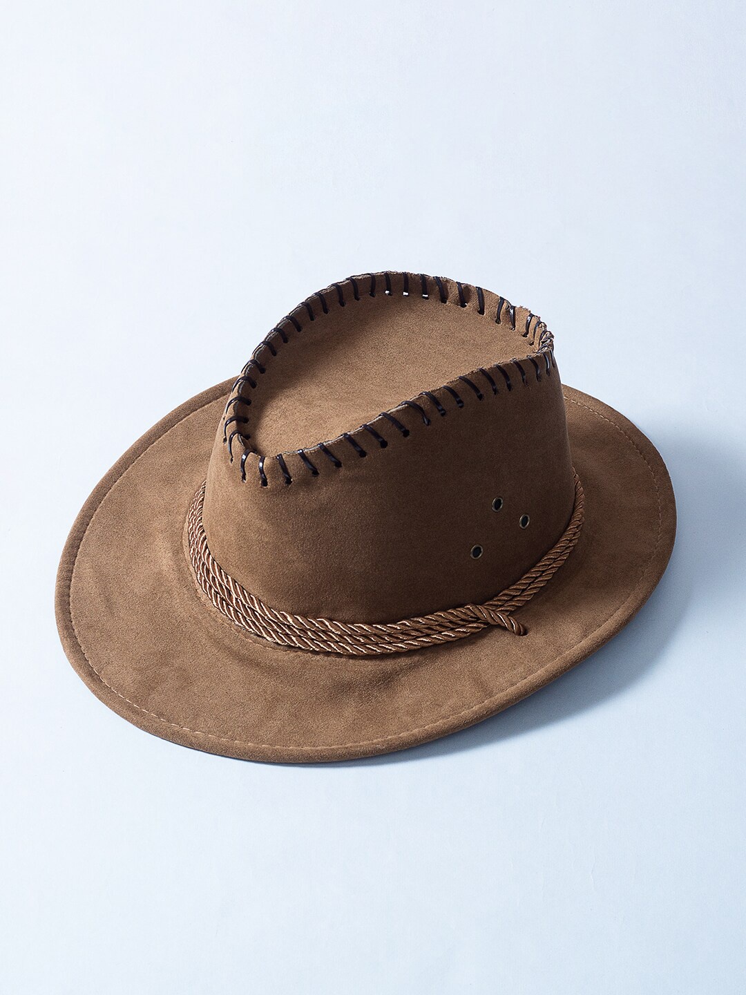 

Golden Peacock Men Camel Brown Solid Faux Leather Cowboy Sun Hat