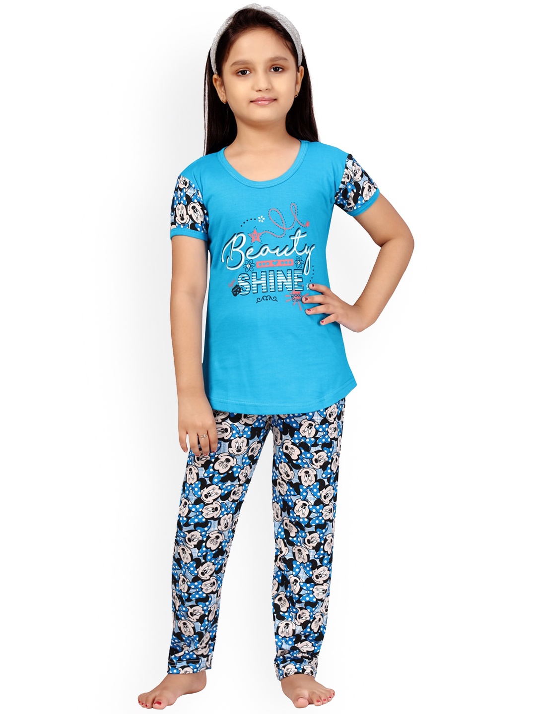 

Aarika Girls Blue & Multicoloured Printed Pure Cotton Night suit