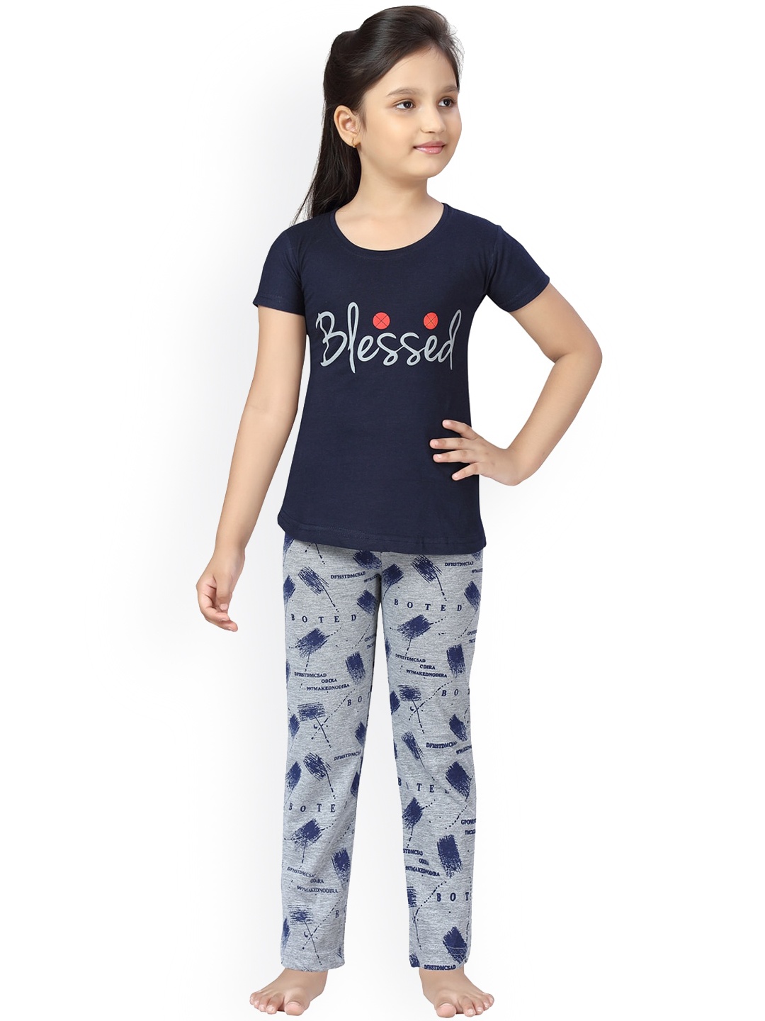 

Aarika Girls Navy Blue & Grey Printed Night suit