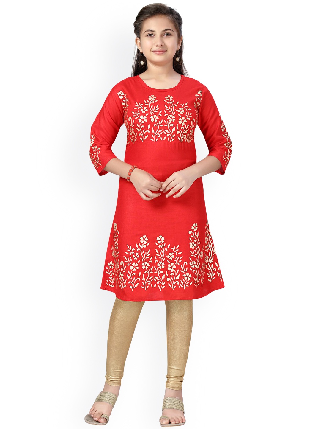

Aarika Girls Red & Gold Ethnic Motifs Dyed Kurta