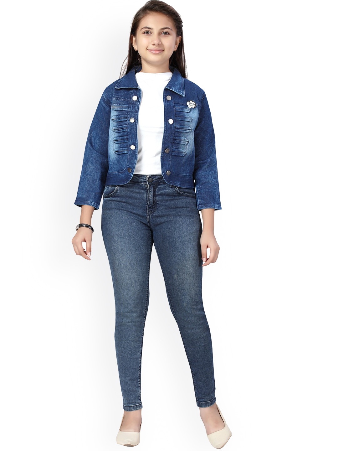 

Aarika Girls Blue Cotton Washed Crop Denim Jacket