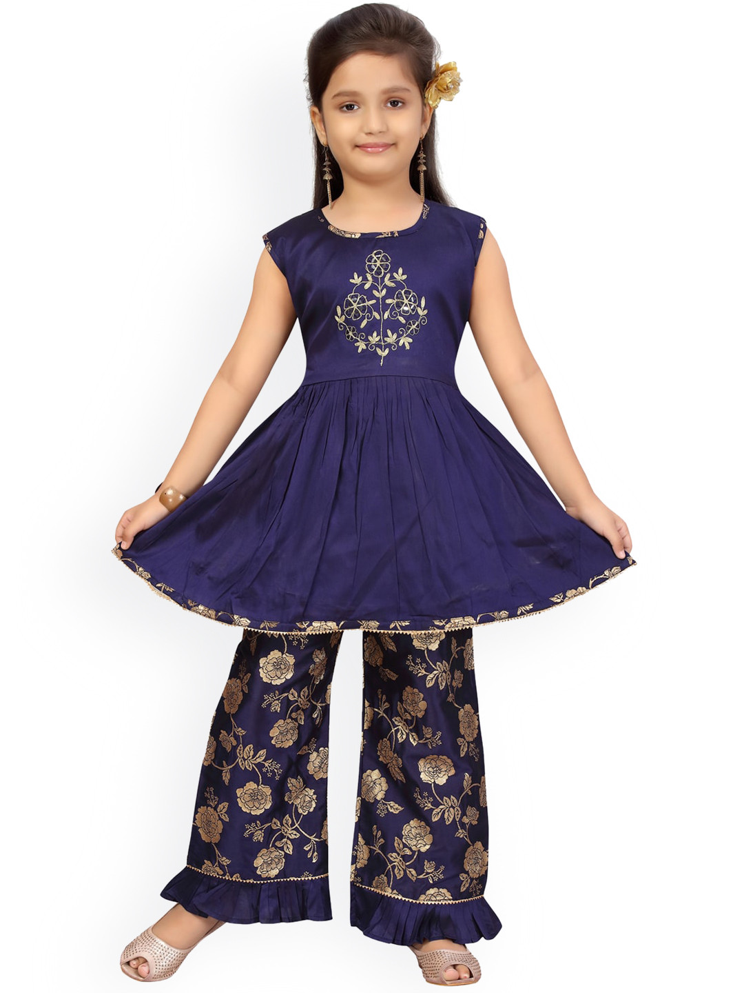

Aarika Girls Navy Blue Ethnic Motifs Embroidered Regular Pure Silk Kurti with Palazzos