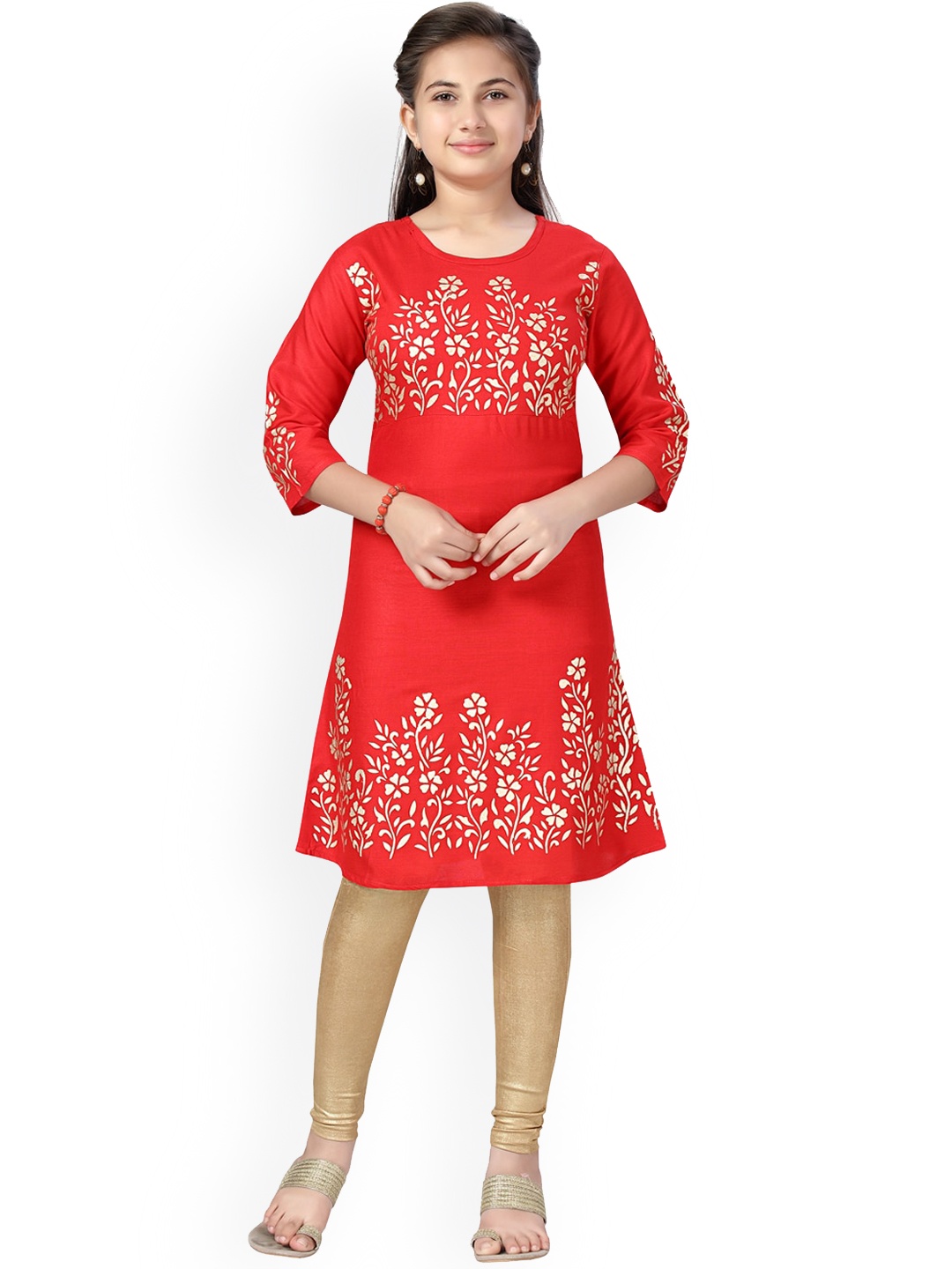 

Aarika Girls Red Floral Embroidered Pure Cotton Kurta with Churidar