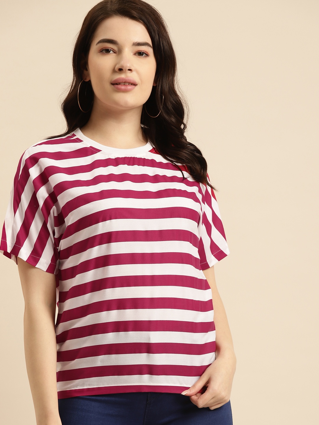 

Prakrti Women Magenta & White Striped Regular Top