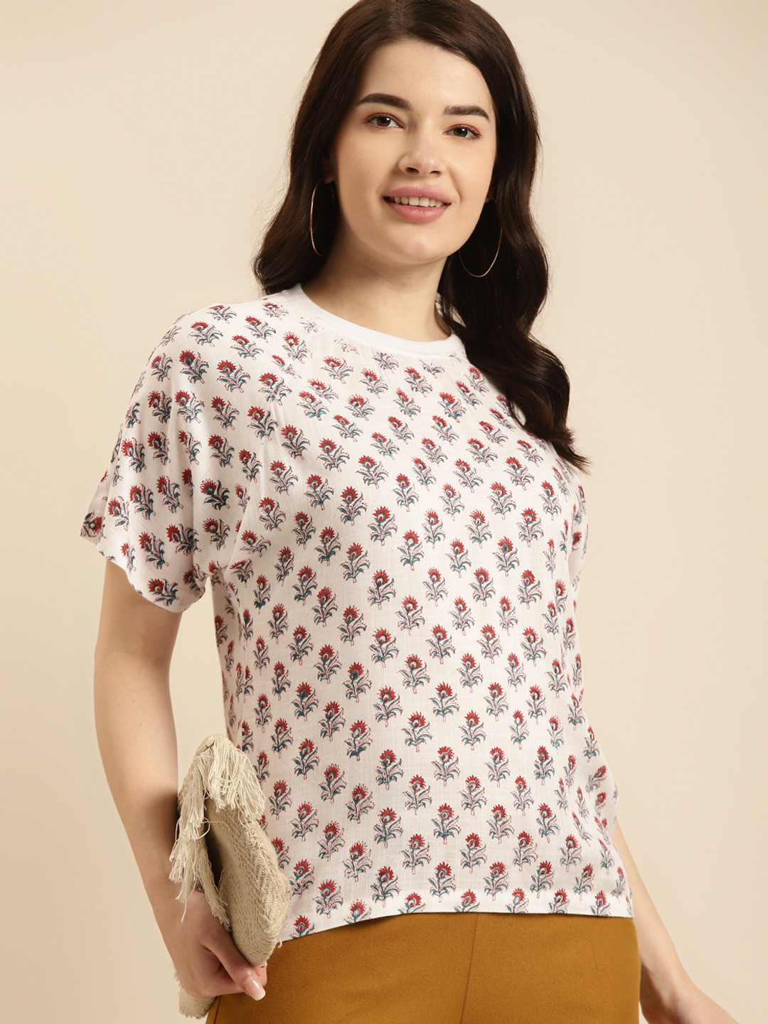 

Prakrti Women White & Teal Print Blouson Top