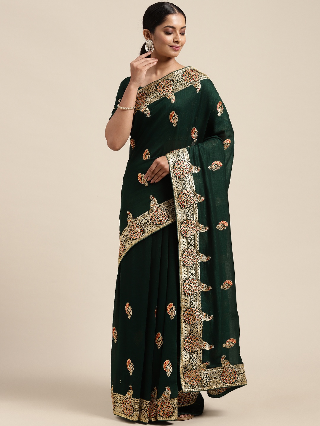 

Saree mall Green Silk Blend Vichitra Ethnic Embelished Party Sarees