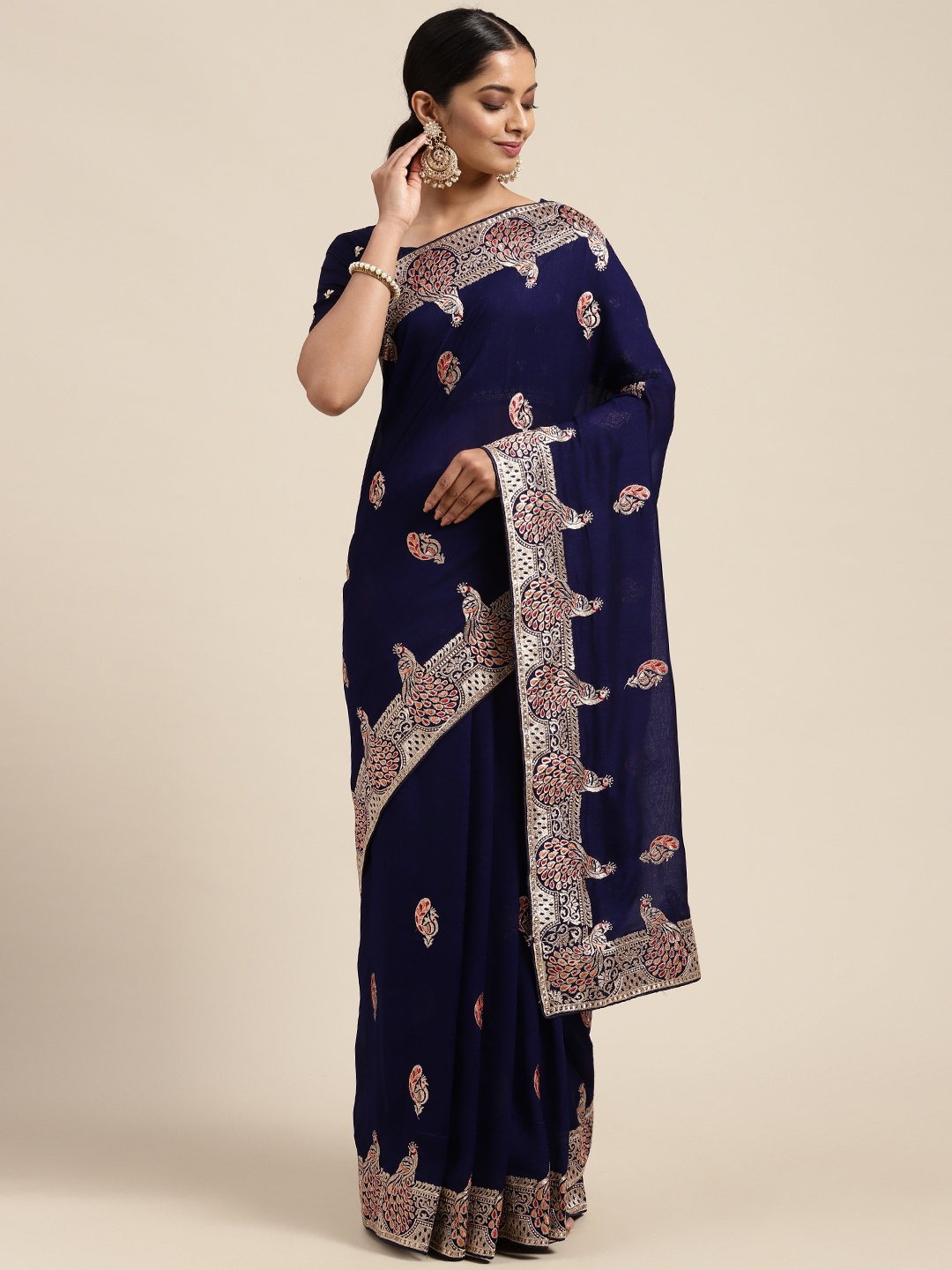 

Saree mall Navy Blue Silk Blend Vichitra Ethnic Embelished Party Sarees