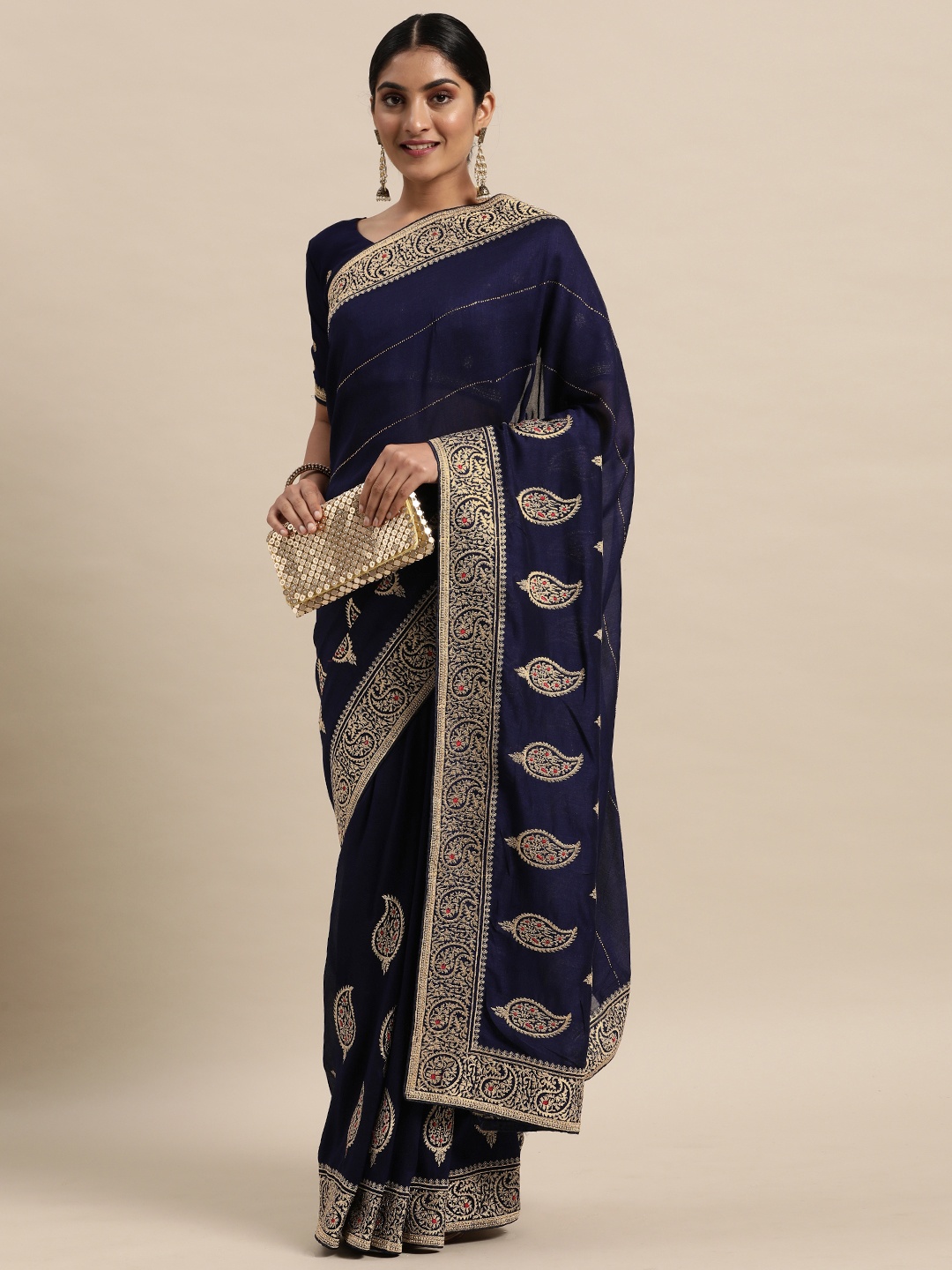 

Saree mall Navy Blue Silk Blend Vichitra Ethnic Embelished Party Sarees