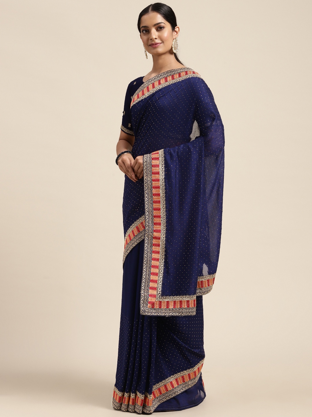 

Saree mall Navy Blue Silk Blend Vichitra Ethnic Embelished Sarees