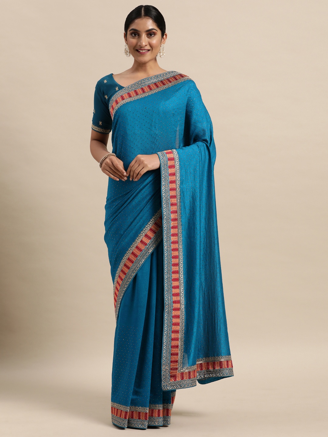 

Saree mall Teal Silk Blend Vichitra Ethnic Embelished Sarees