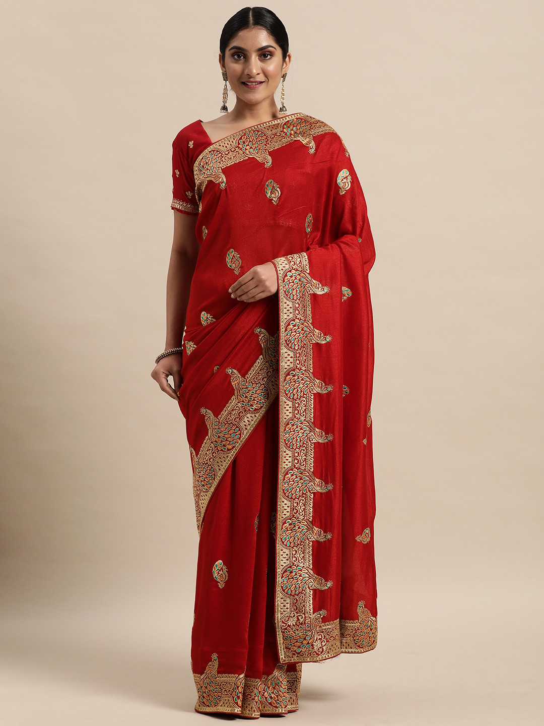 

Saree mall Red Silk Blend Vichitra Ethnic Embelished Sarees