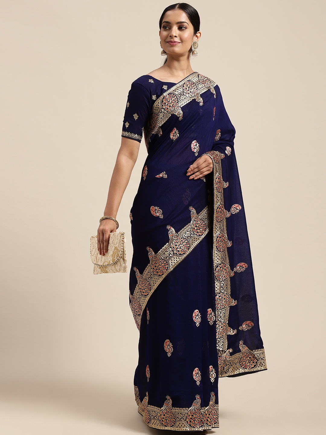 

Saree mall Navy Blue Silk Blend Vichitra Ethnic Embelished Sarees
