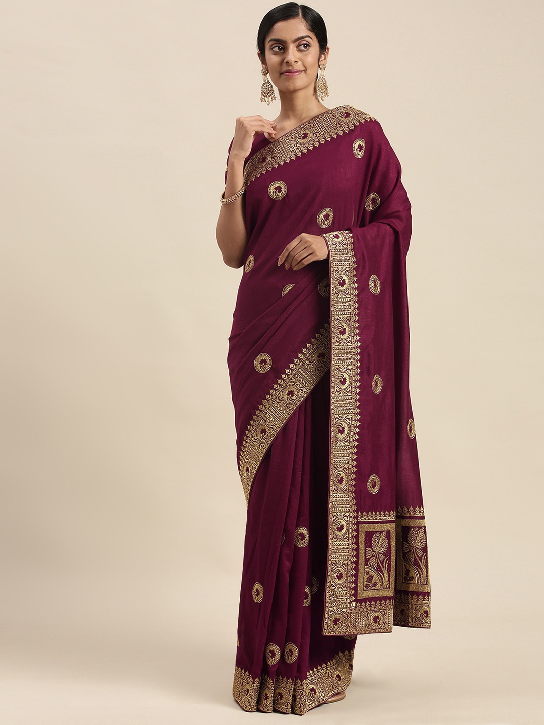 

Mitera Purple Ethnic Motifs Embroidered Silk Blend Saree