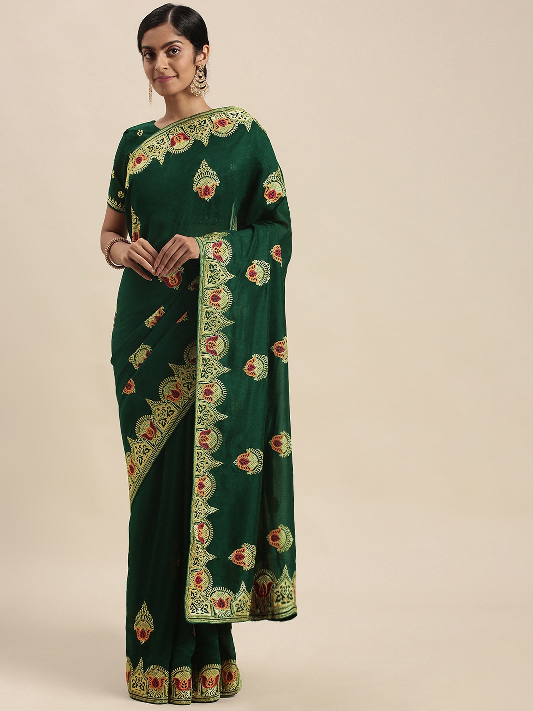 

Mitera Green Ethnic Motifs Embroidered Silk Blend Saree