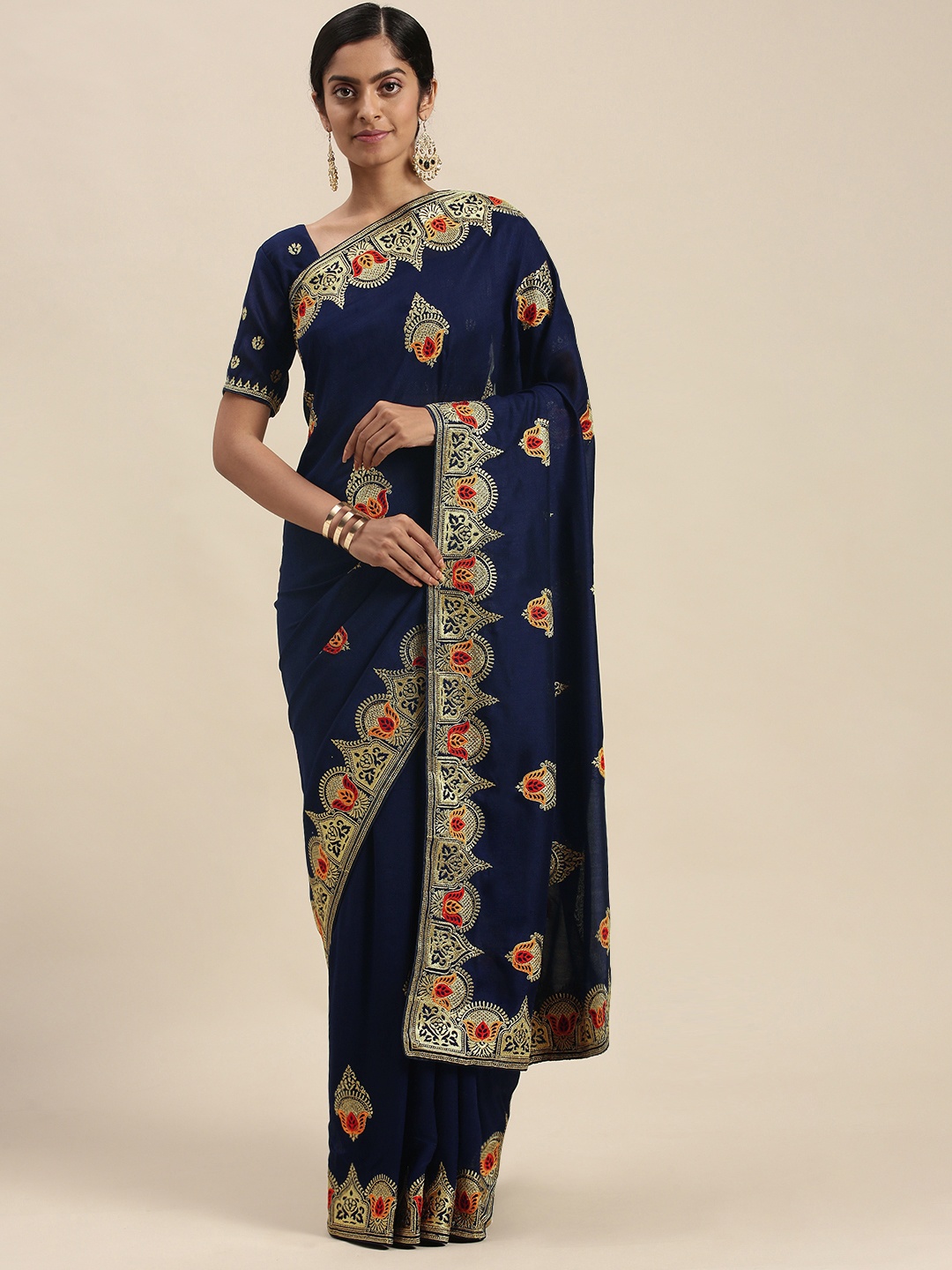 

Mitera Navy Blue Vichitra Ethnic Motifs Embroidered Silk Blend Saree